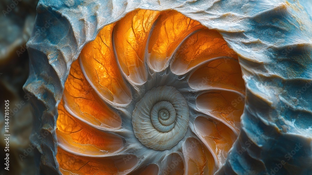 Poster detailed close-up of ammonite fossil, showing intricate spiral patterns and vibrant colors.