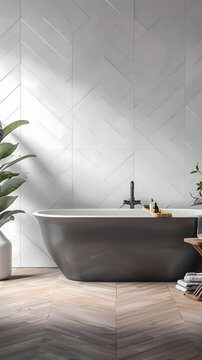 Gros plan sur une baignoire grise dans une salle de bain avec parquet en chevron.