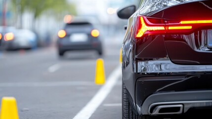 Obraz premium Car maneuvering in urban environment traffic scene focused perspective on vehicle modern city dynamic viewpoint