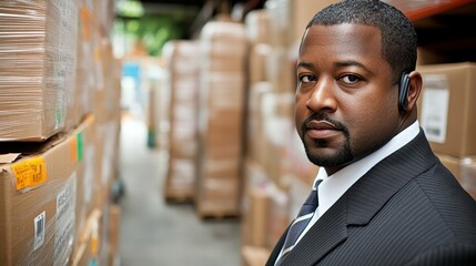 Professional warehouse manager with headset supervising industrial operations