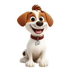 Cute cartoon dog sitting wearing a collar with bone shaped tag isolated on white background 3D render happy puppy canine pet animal domestic adorable friendly playful furry companion best friend