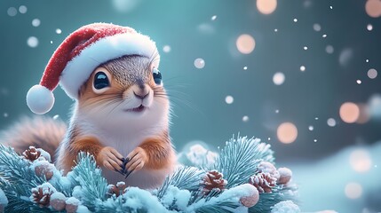 A cheerful squirrel with a Santa hat sitting in a holiday wreath