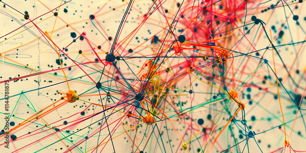 Poster abstract network of interconnected strings and spheres