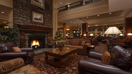 Luxurious Hotel Lobby Featuring Elegant Seating Arrangement, Cozy Fireplace, and Festive Holiday Decorations Creating a Warm and Inviting Ambience for Guests