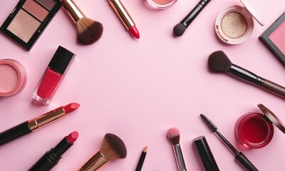 Flatlay of beauty products makeup essentials on pink