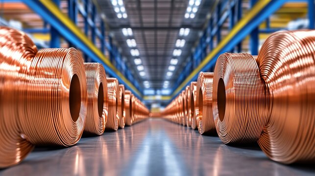 A row of rolls of copper wire in a warehouse