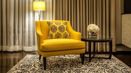 Yellow armchair with patterned cushion, side table, and flowers in a luxury living room.