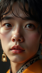 Fototapeta premium Close-up portrait of a young Asian woman with expressive eyes and stylish earrings, indoors 