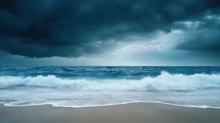 Dramatic Seascape with Thunderstorms and Waves under Dark Clouds at Dusk