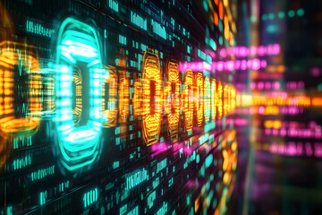 Obraz premium Binary digits surge forward in a luminous display, creating a mesmerizing digital realm filled with kinetic energy