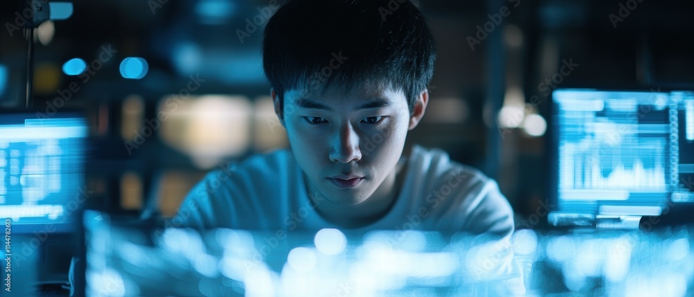 Poster focused young man analyzing data on multiple high-tech computer screens