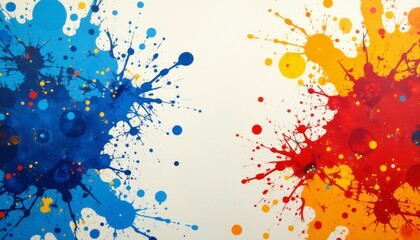 Obraz premium Playful abstract design with paint splatters in blue, red, and yellow