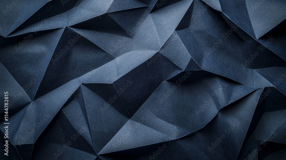 Poster textured dark blue paper with sharp folds and creases creating an abstract landscape of shadows and 