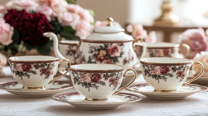 Elegant floral tea set on a table with roses.