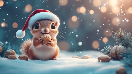 A squirrel wearing a Santa hat holding a nut near a festive background