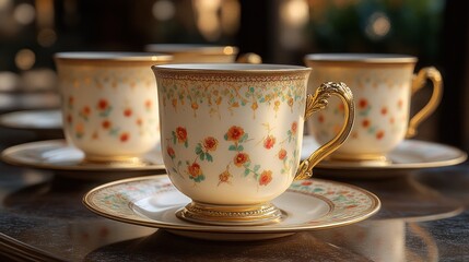 Elegant porcelain teacups and saucers with floral design.