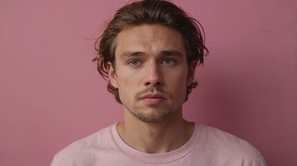 Obraz premium Young caucasian man isolated on pink background who is bored, fatigued and need a relax day.