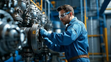In a bustling factory, a mechanic carefully secures a machine part, demonstrating skill and precision. The environment is filled with machinery and equipment essential for production.