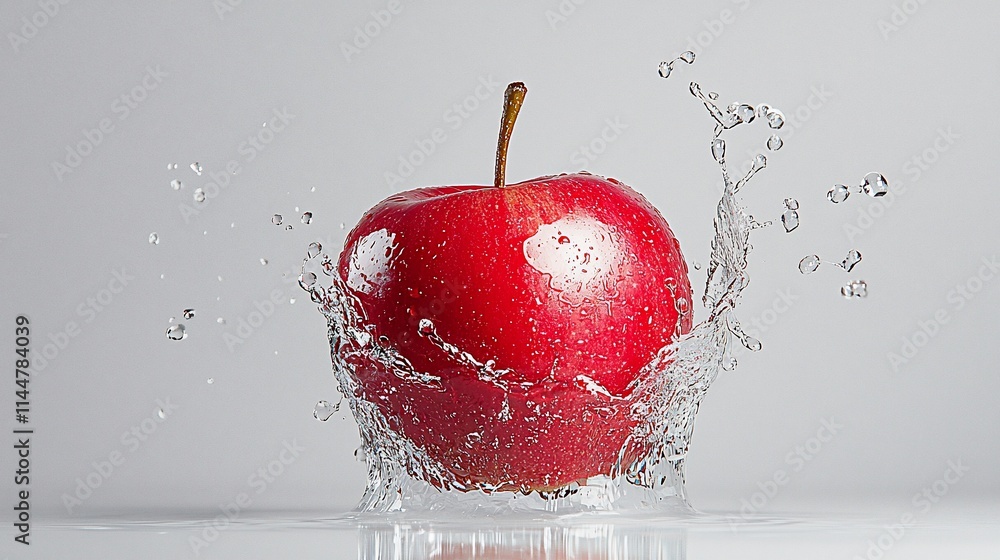 Poster red apple splashing into water, creating a dynamic wave.