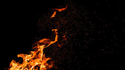 Fire flames burning with red hot sparks on transparent background and texture effects
