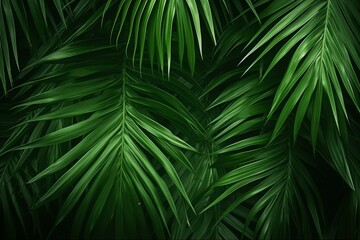 Tropical palm leaves overlapping, creating a vibrant, deep green, natural background, perfect for nature themed designs