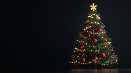 Christmas Tree Glow: A beautifully decorated Christmas tree adorned with red ornaments and twinkling lights against a dark background, a beacon of festive cheer and holiday spirit. 