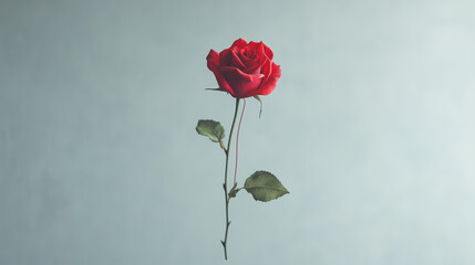 Fototapeta premium Solitary Red Rose: A single, vibrant red rose stands elegantly against a muted blue-gray backdrop, its delicate petals and stem capturing a moment of serene beauty.