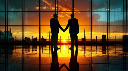 Business executives sealing a deal with a firm handshake as the sun sets behind the cityscape; reflections create a striking silhouette against the glass facade