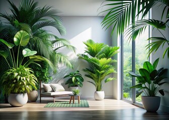 Fototapeta premium Modern tropical interiors: a blank canvas wall, sharply focused, showcasing lush depth.