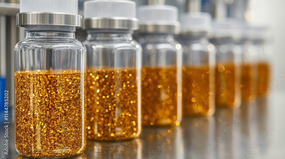Poster a row of transparent jars filled with shimmering golden particles, lined up on a surface, showcasing