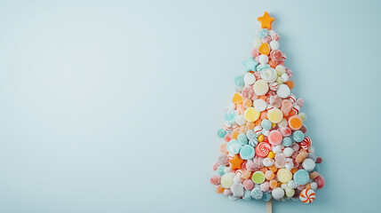 Candy Christmas Tree: Festive and whimsical candy Christmas tree on pastel blue background