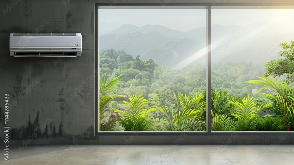 Poster air conditioner mounted on wall beside large window with mountain view and greenery during daylight.