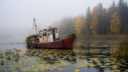 Fototapeta premium A pond, with a dilapidated red boat anchored in the center. The boat is old and battered, covered with rust and foliage. The water is dotted with lily pads. There is a thick fog in the background.