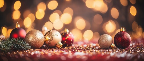 Fototapeta premium Bunch of Christmas ornaments are scattered on a red background. Banner