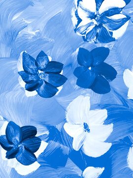 Abstract flowers in blue color, original hand drawn, impressionism style, brush texture, art background.