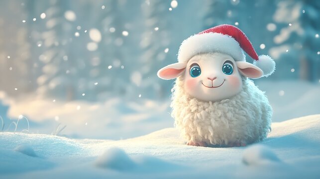 A sheep with a Santa hat in a snowy pasture