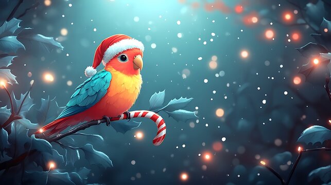 A vibrant parakeet with a Santa hat perched on a candy cane