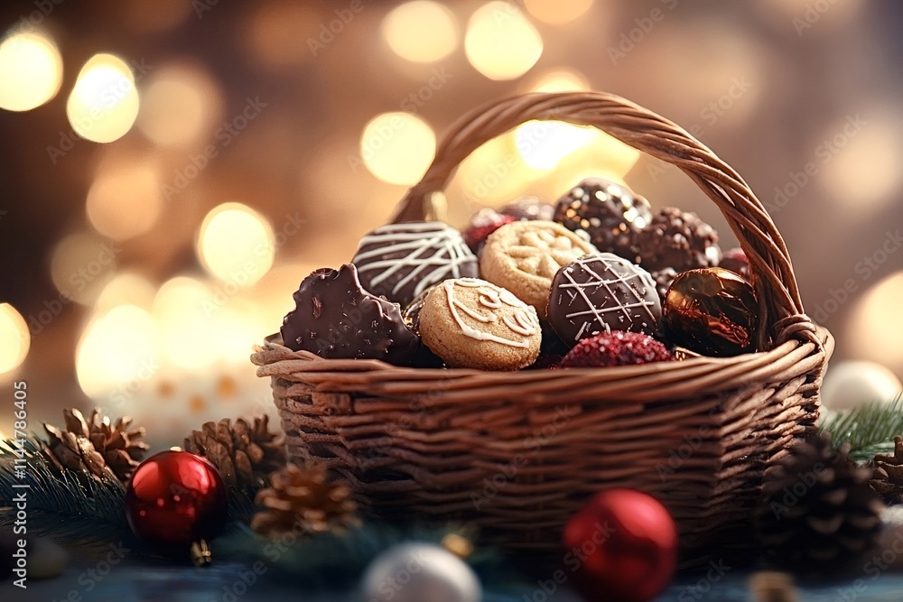 Poster wicker basket overflowing with christmas cookies and chocolates, adorned with festive decorations an