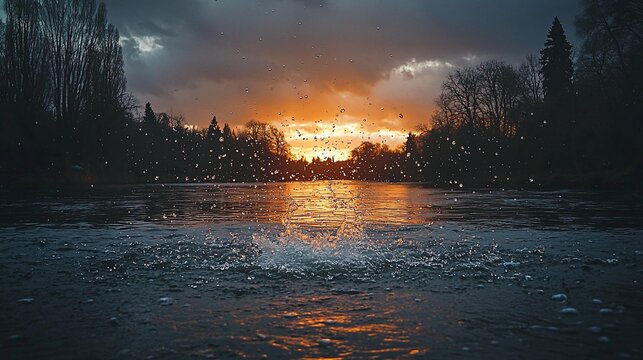Dramatic sunset over lake with water splash.