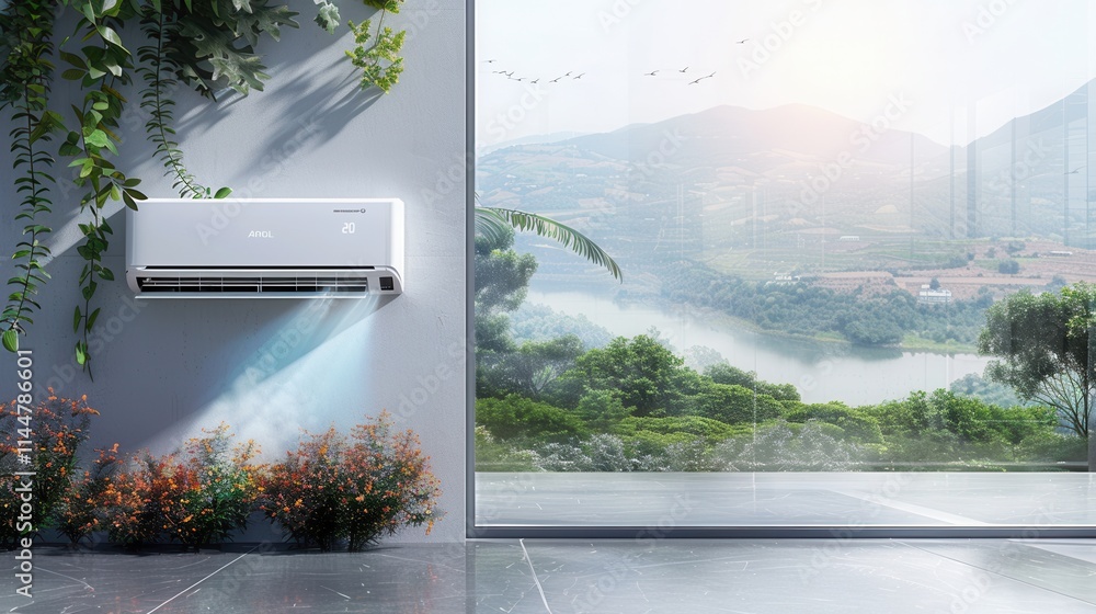 Poster cooling air conditioner mounted on wall beside open window with scenic outdoor view in modern space.