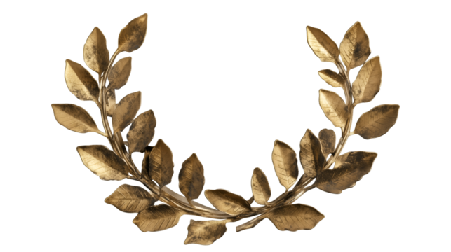 Creative detailed golden laurel wreath transparent PNG in a circular shape with a metallic finish. Perfect for awards, certificates, or celebratory designs with easy use on backgrounds. Generative AI.