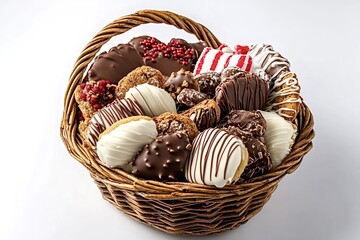 Gourmet cookies dipped in chocolate and white chocolate, decorated with sprinkles and drizzles, overflow a wicker basket, creating a tempting holiday gift or party treat