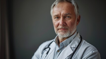 Elderly Medical Professional in White Coat with Stethoscope Exhibits Confidence and Compassion in Healthcare Environment Focused on Patient Wellness