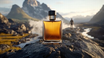 A bottle of cologne is on a rock in front of a mountain range. Perfume bottles, luxury fragrance. Copy space