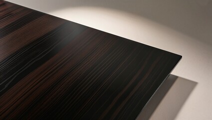 A Luxurious High-Gloss Ebony Veneer Surface, Exuding Sophistication and Elegance, with a Polished Finish that Reflects Light, Creating a Timeless and Refined Atmosphere in a Contemporary Setting