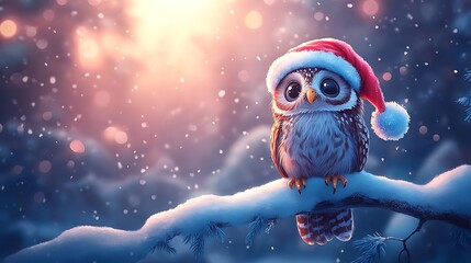 A cute owl wearing a Santa hat on a snow-covered branch