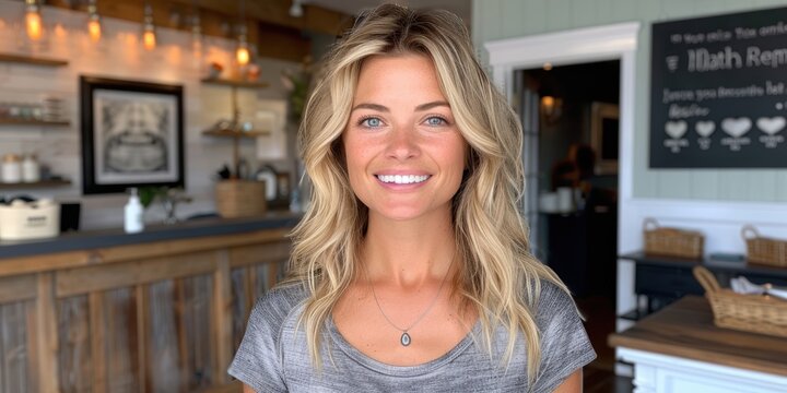 Young woman with blonde hair and blue eyes smiling confidently in a modern cafe setting, surrounded by cozy interior elements like wooden counters and soft lighting, creating a warm, inviting