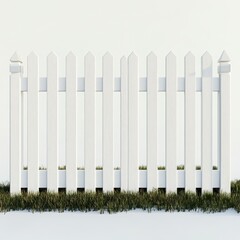 A classic white picket fence with evenly spaced vertical slats and a smooth finish on a white background 