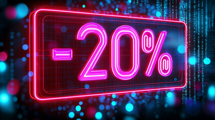 Neon Sale Banner in Pink, 20% Rabatt Sale Banner f&uuml;r Angebote zu Weihnachten, Neujahr, Cyber Monday, Black Friday oder sonstiger Anlass, Shopping Offerte und Ausverkauf im Party Retro Style