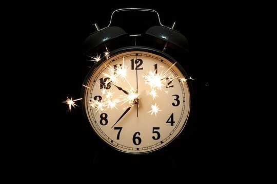 Bright sparks fly from the center of a vintage alarm clock against a dramatic black backdrop, creating a captivating visual representation of time exploding or a celebratory moment